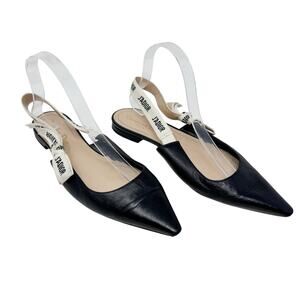 Christian Dior J’Adior Slingback Flats Black Leather Pointed Toe Size 39.5